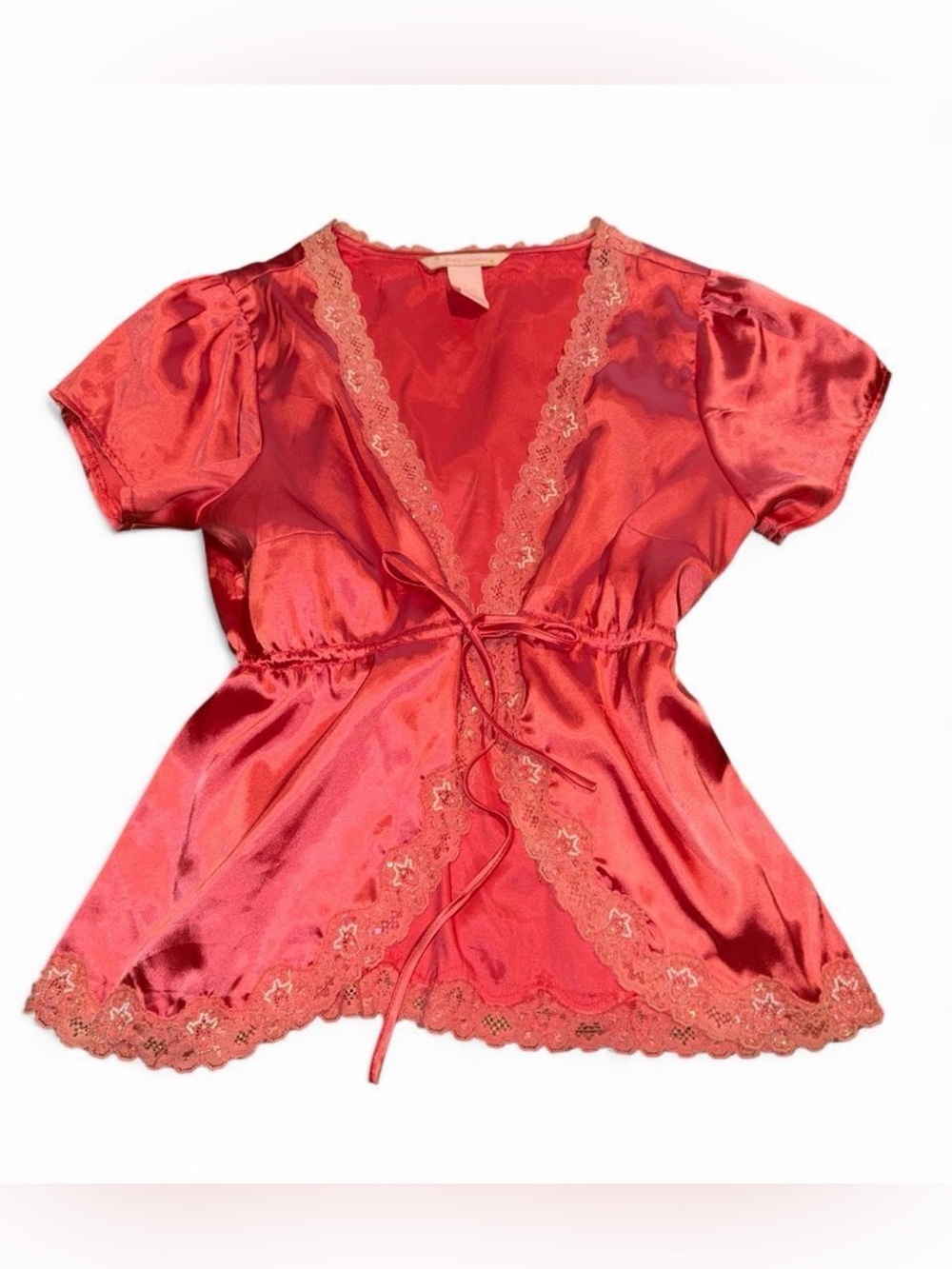 Rare Y2K 100% silk Pink lace trim babydoll blouse with tie front and sequins